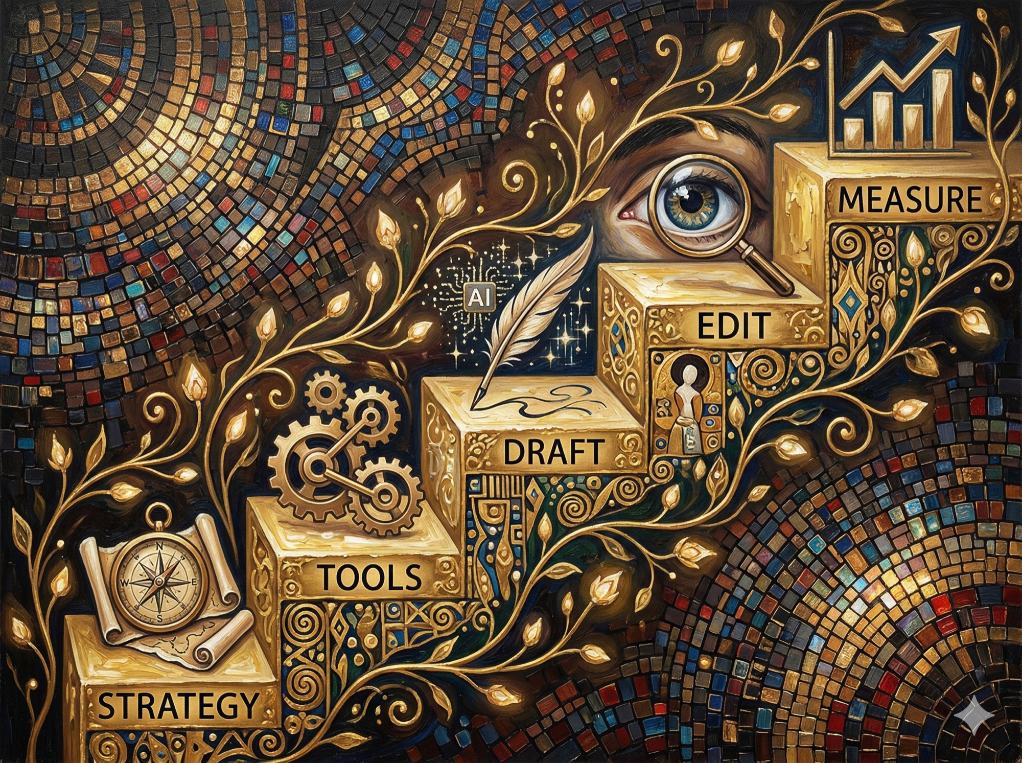 The stages of AI content strategy as ascending celestial spheres