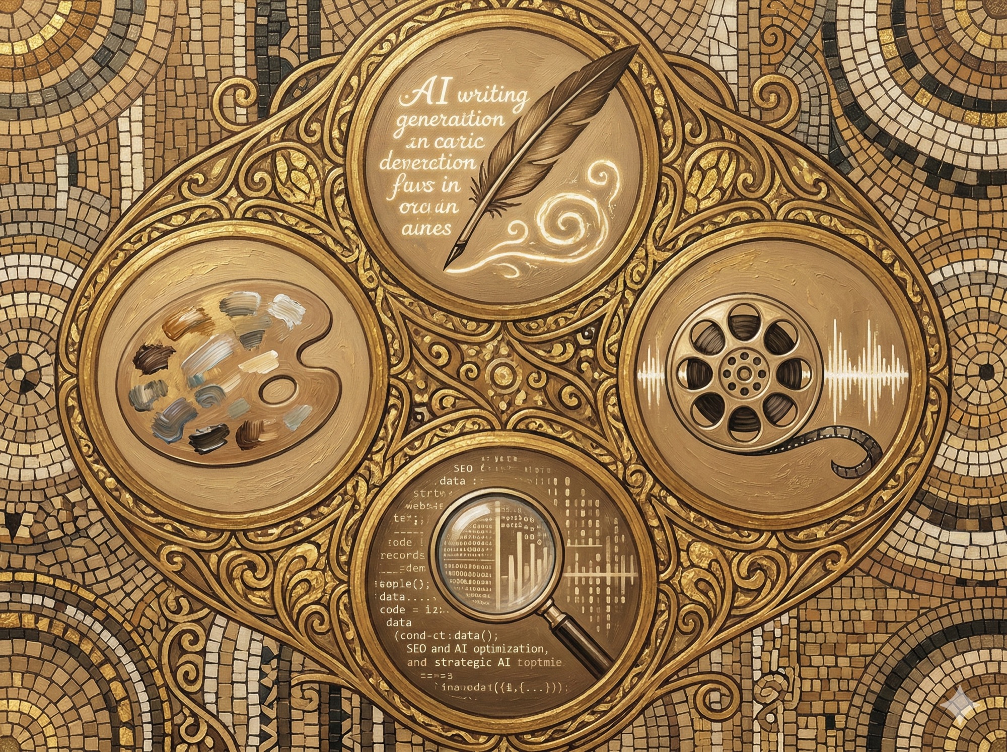 Luminous AI tool categories emerging as ethereal spheres from a golden tree of knowledge