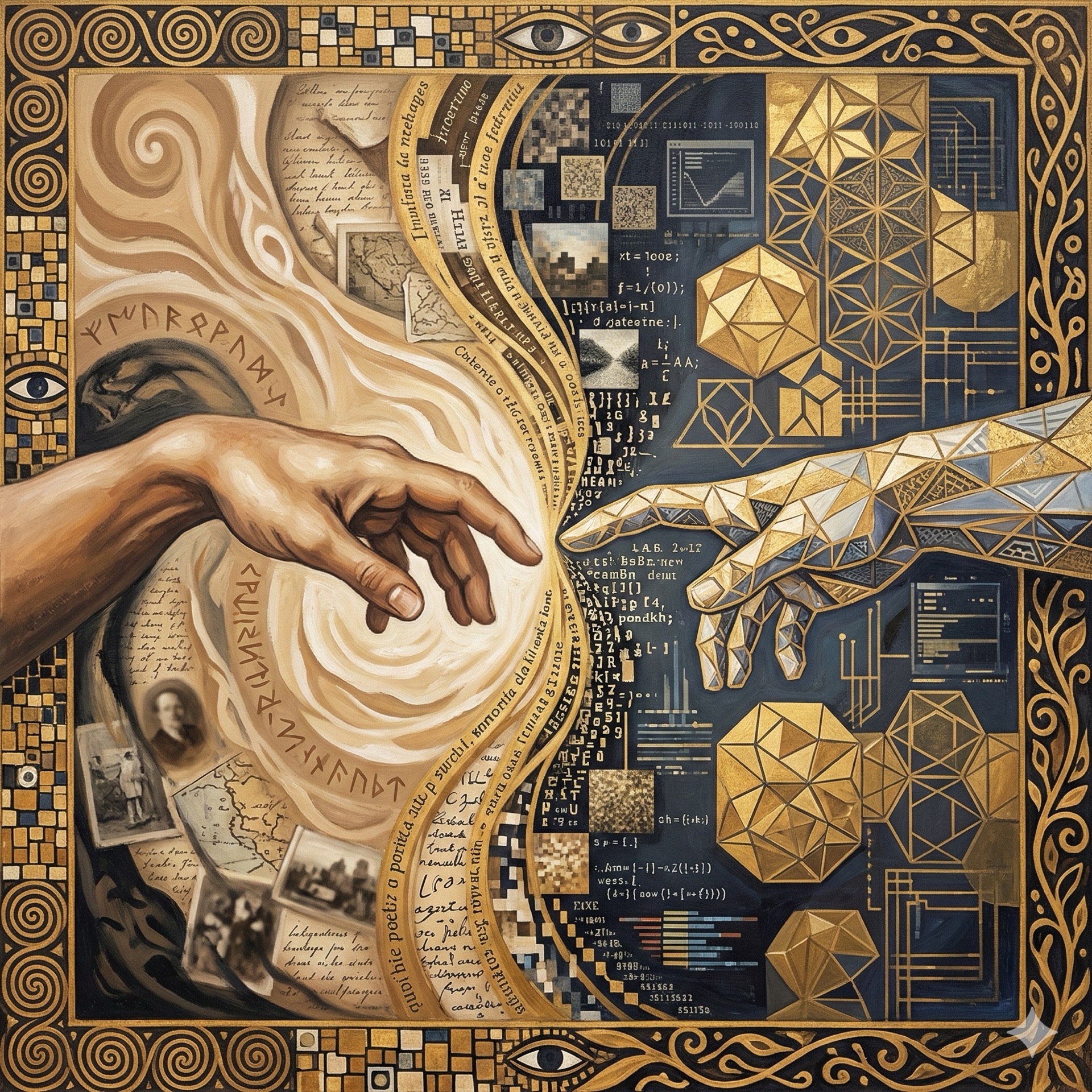 The mythical balance between human creativity and AI automation as intertwined golden serpents