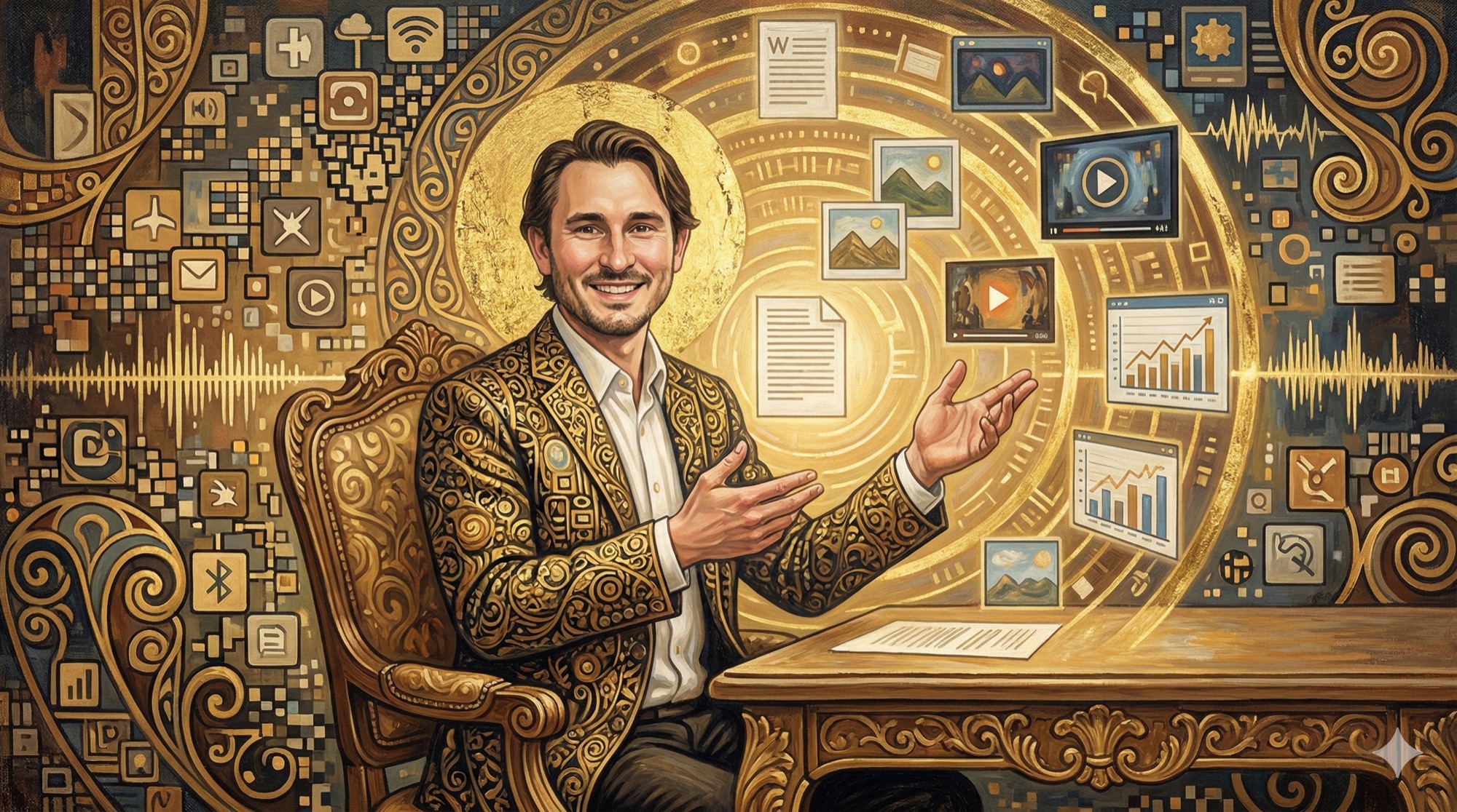 Symbolist oil painting depicting an artistic figure surrounded by flowing streams of AI-generated content and creative tools in a mystical golden atmosphere