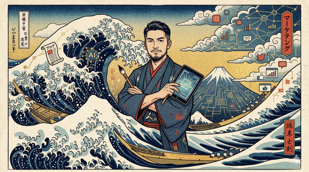 AI content marketing professional commanding waves of digital content in Japanese Ukiyo-e woodblock print style