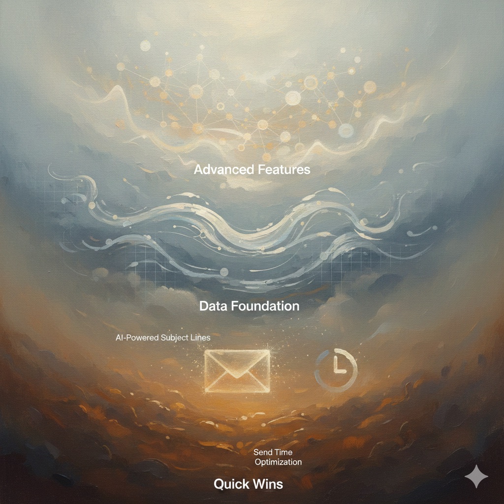 Vertical Tonalist showing three-phase AI email marketing implementation journey from Quick