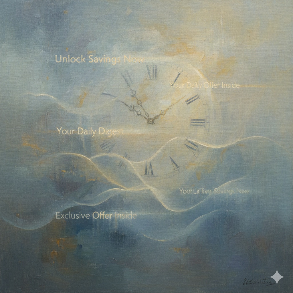 AI subject line optimization with floating text fragments and luminous clock face