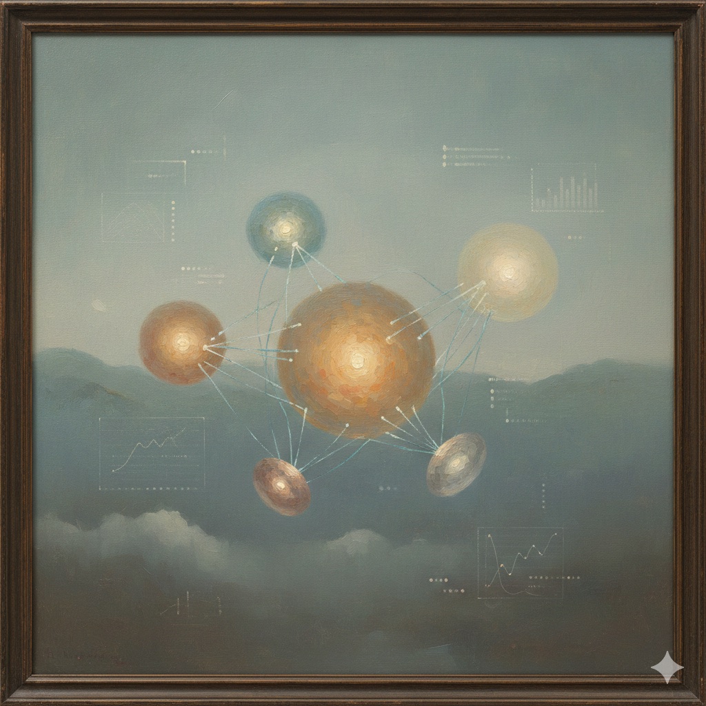 Representing AI email marketing tools as five glowing orbs connected by delicate threads