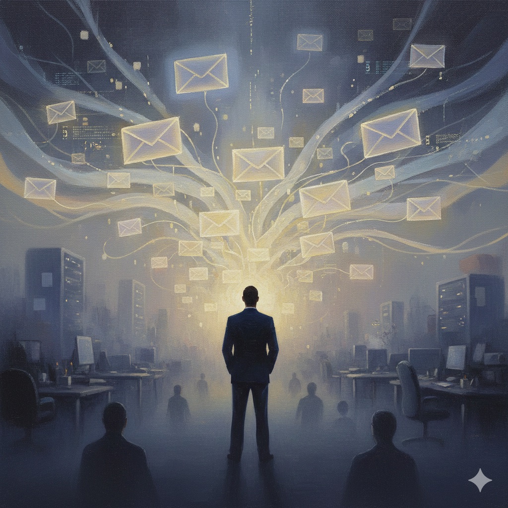 Tonalist oil painting depicting AI-powered email marketing with ethereal email envelopes flowing outward in muted atmospheric tones