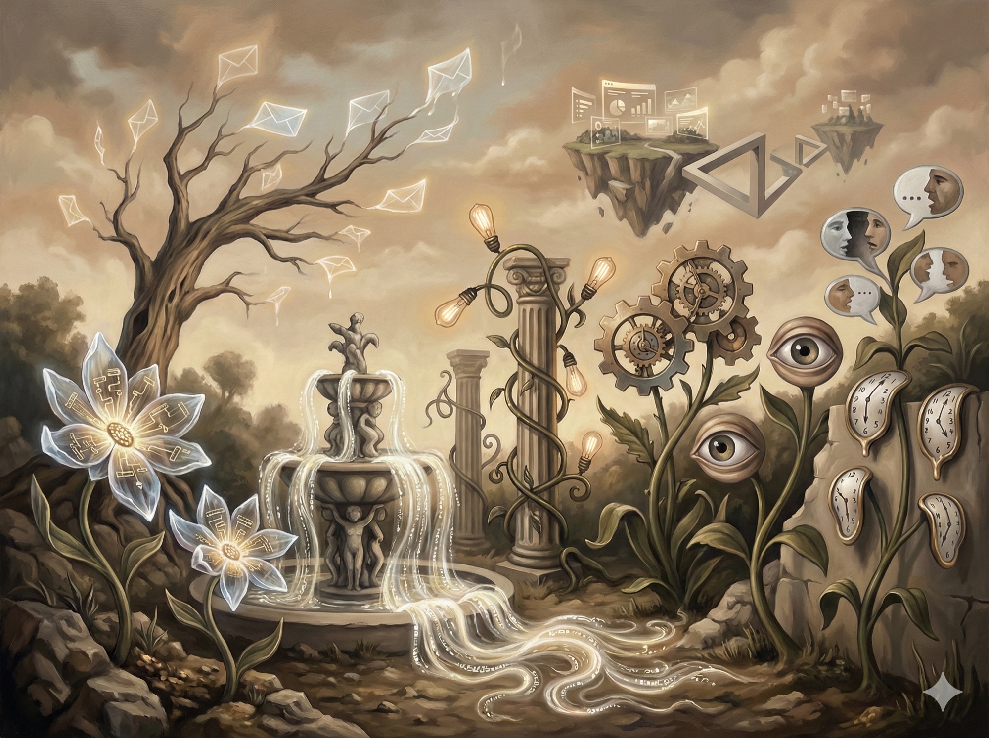 Dreamlike garden where AI marketing applications grow as fantastical plant-machine hybrids with data streams