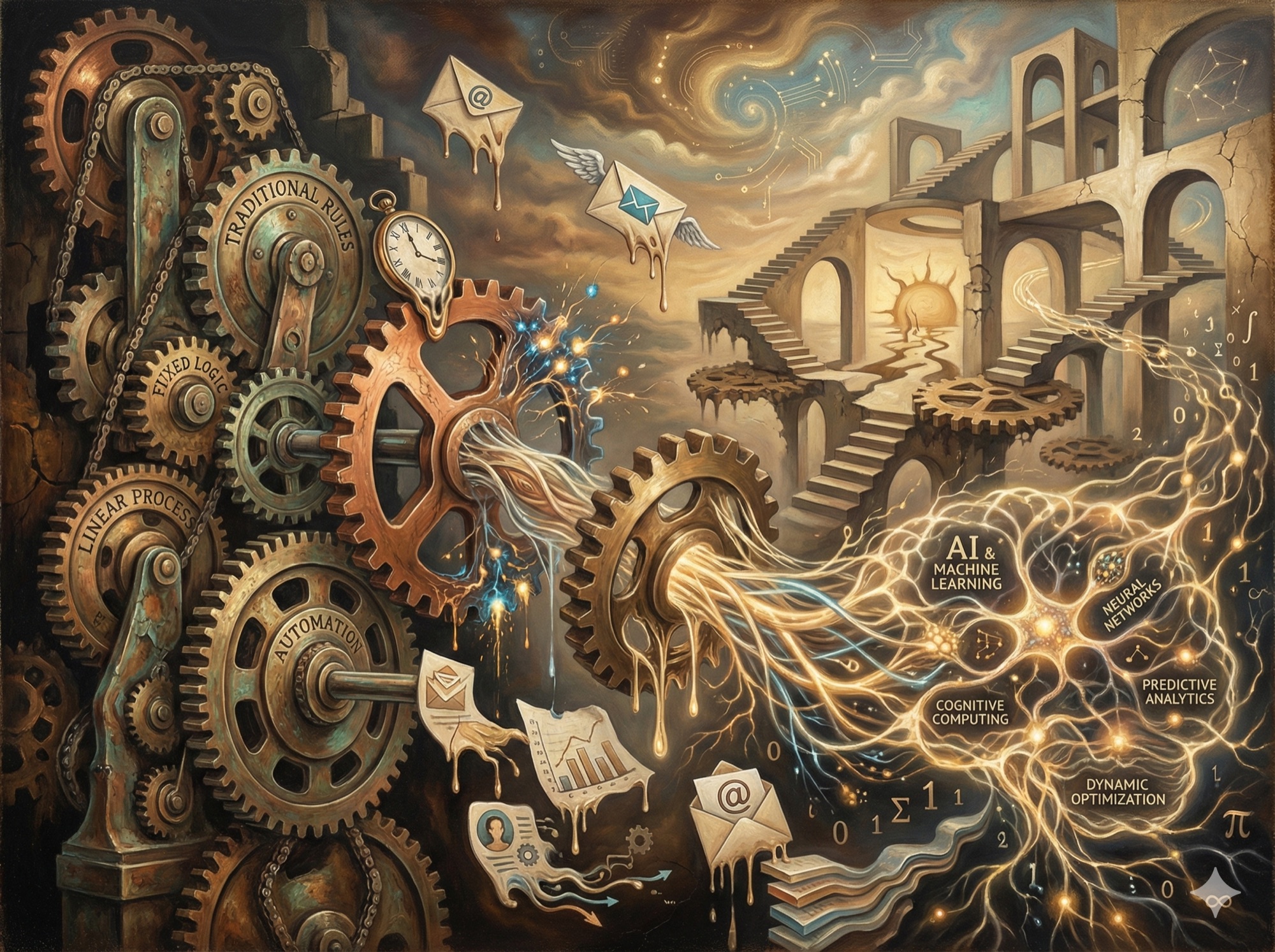 Surrealist scene showing mechanical gears transforming into luminescent neural pathways representing AI marketing evolution