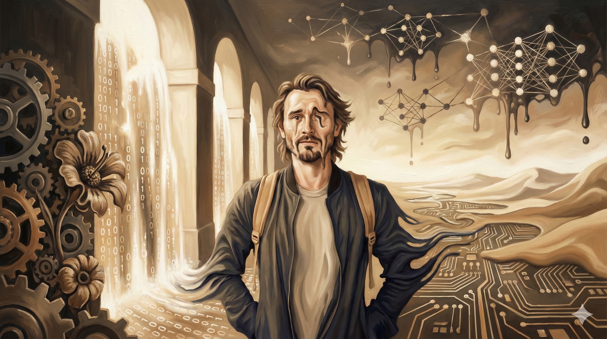 Surrealist artwork depicting Matt Kundo navigating AI and marketing automation convergence with floating data streams and neural networks