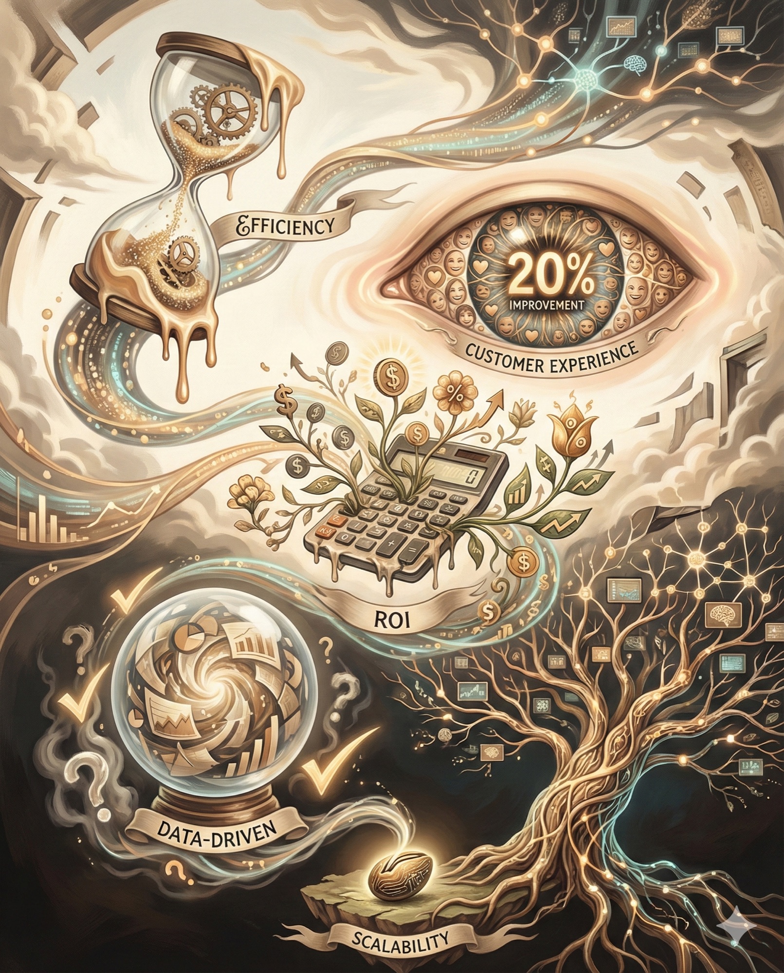 Five benefits of AI marketing automation visualized as floating surrealist symbols including efficiency hourglass and ROI growth