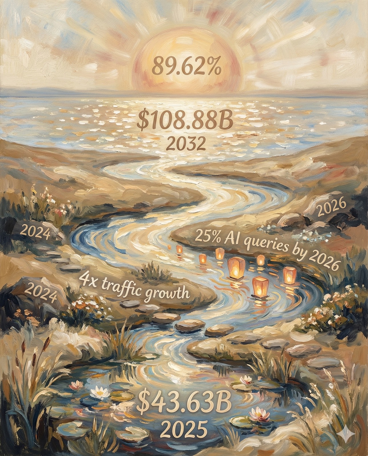 Impressionist infographic showing AI search market growth from $43.63B in 2025 to projected $108.88B by 2032, with key statistics visualized as a flowing water journey