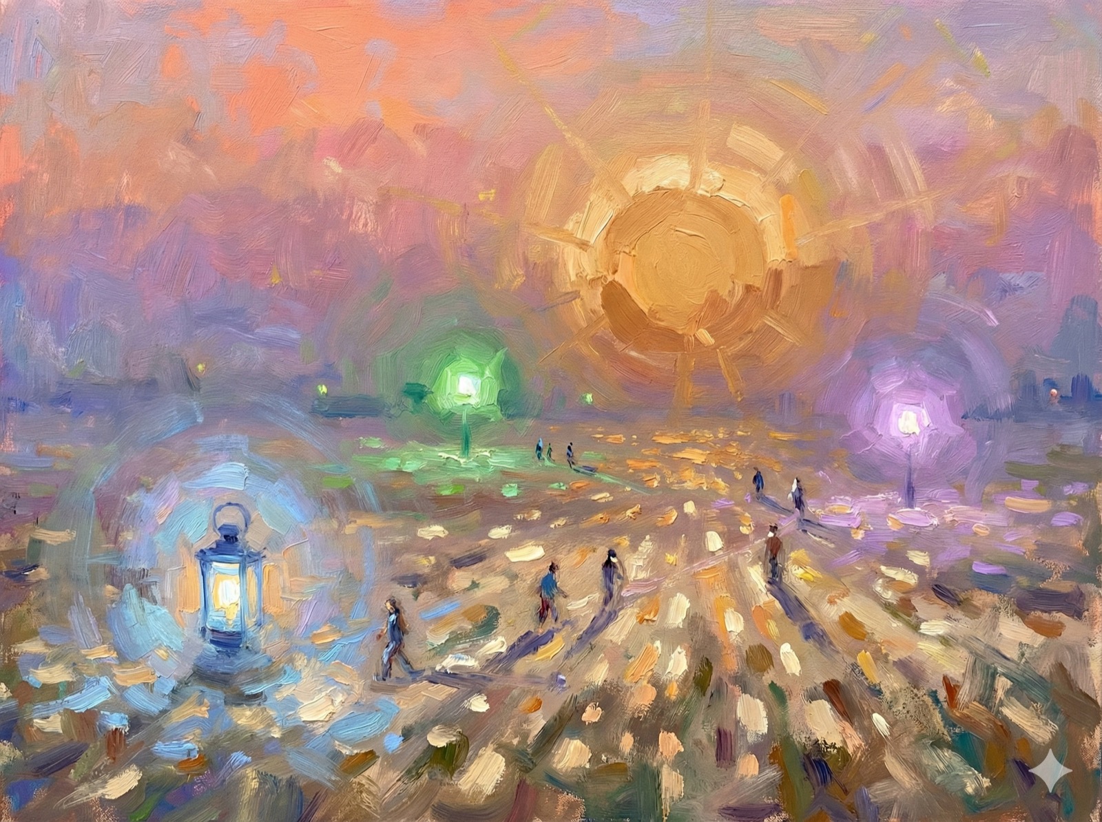 Impressionist landscape showing multiple AI search platforms as distinct light sources illuminating users in an evolving search ecosystem