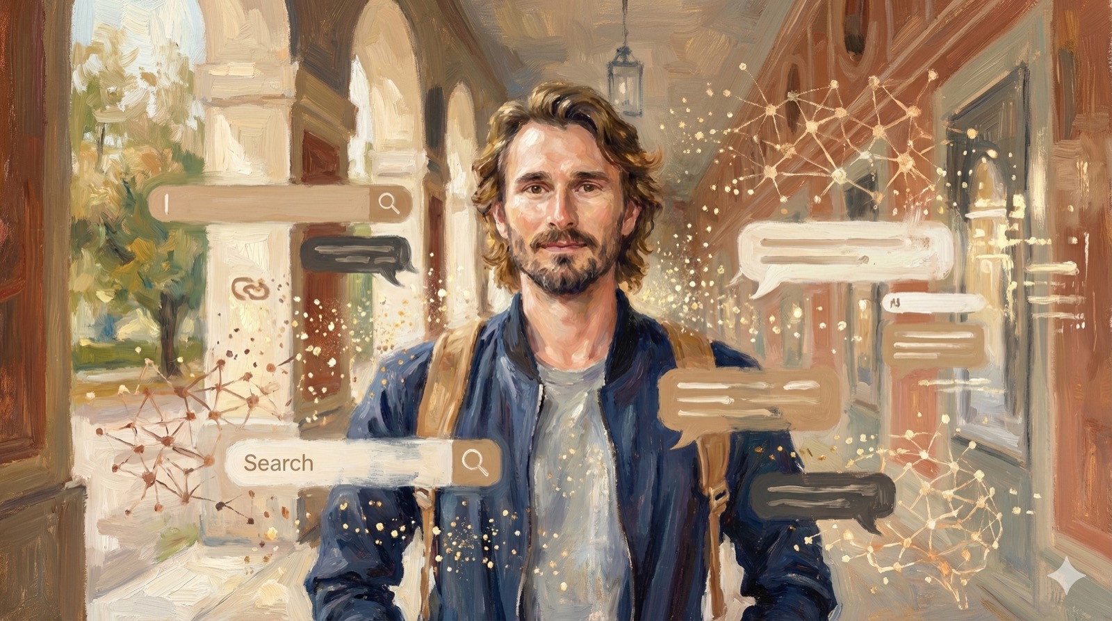 Matt Kundo in Impressionist art style surrounded by ethereal AI search elements, representing the transformation from traditional to AI-powered search