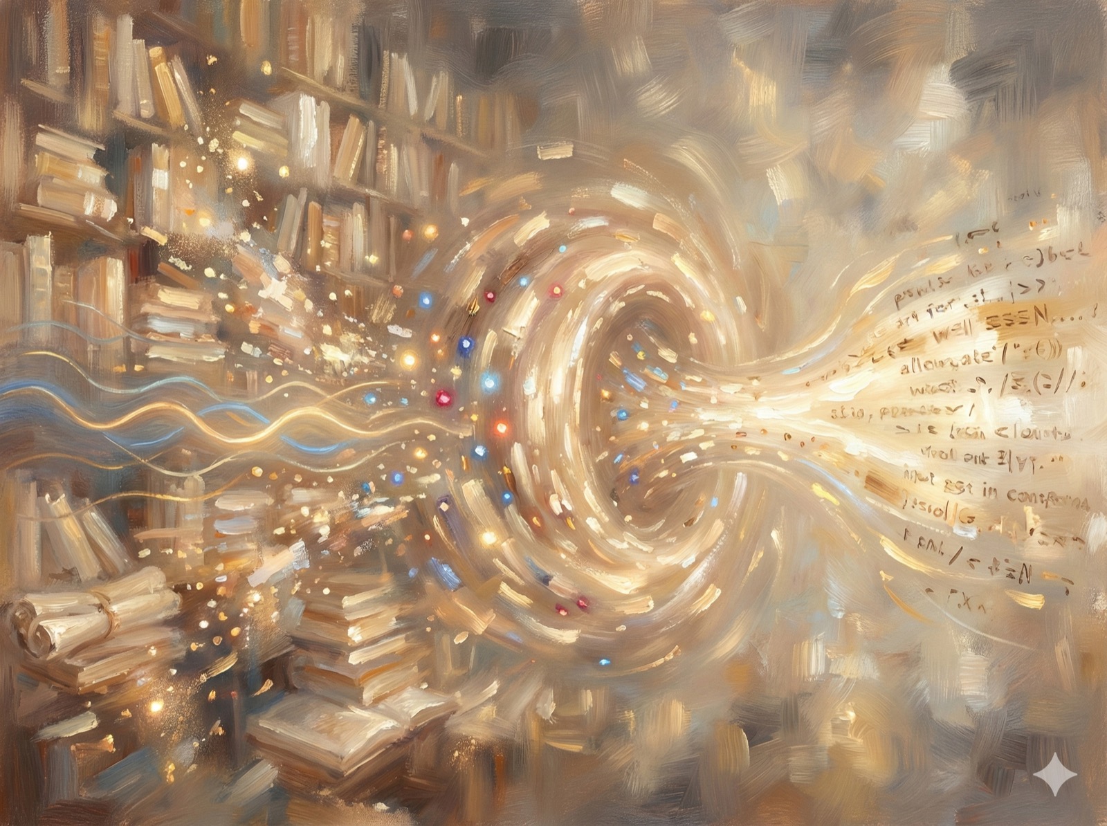 Impressionist visualization of RAG architecture showing information retrieval and synthesis flowing like light through AI search systems