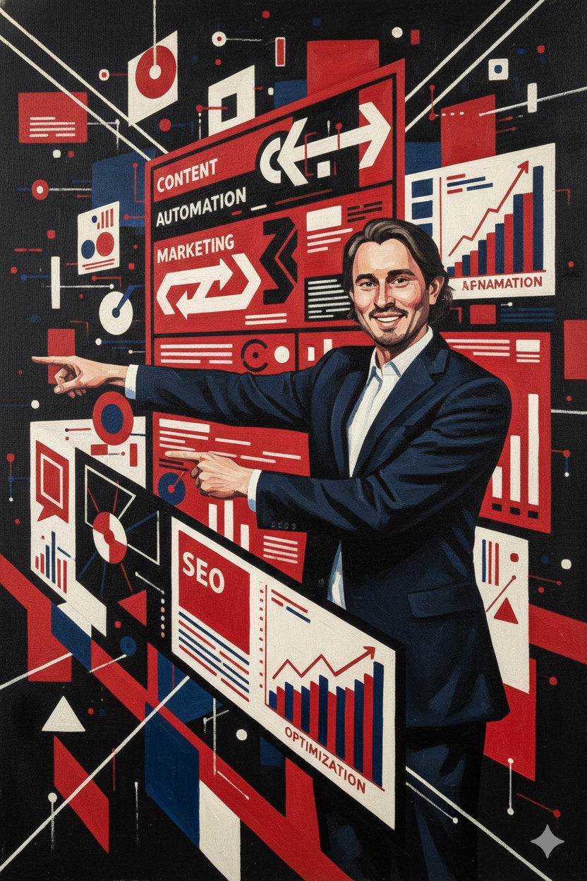 Marketing strategist analyzing AI tool comparison dashboards in Constructivist art style