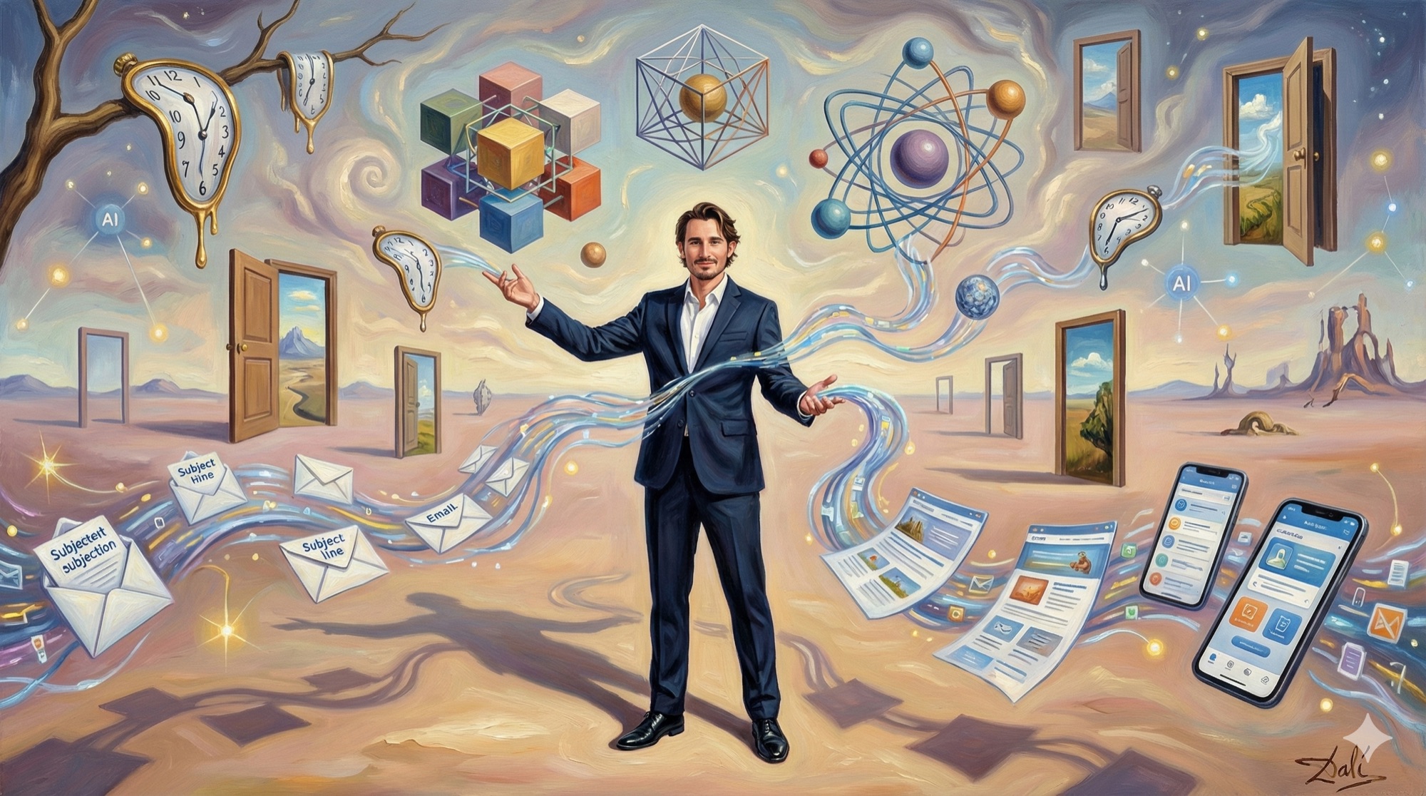 Professional orchestrating AI-powered personalization in surrealist landscape with flowing data streams and customer journey pathways