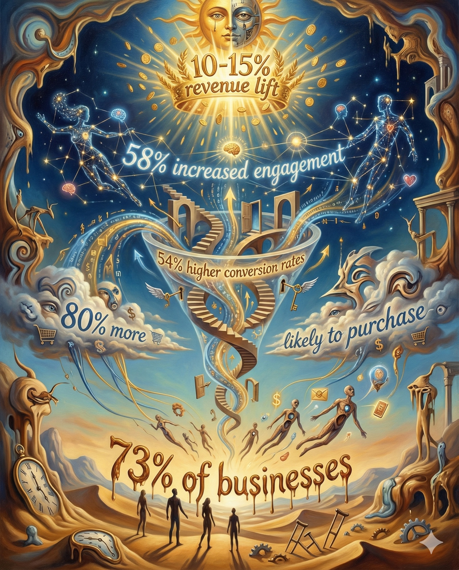 AI personalization statistics infographic showing 73% business adoption, 80% consumer