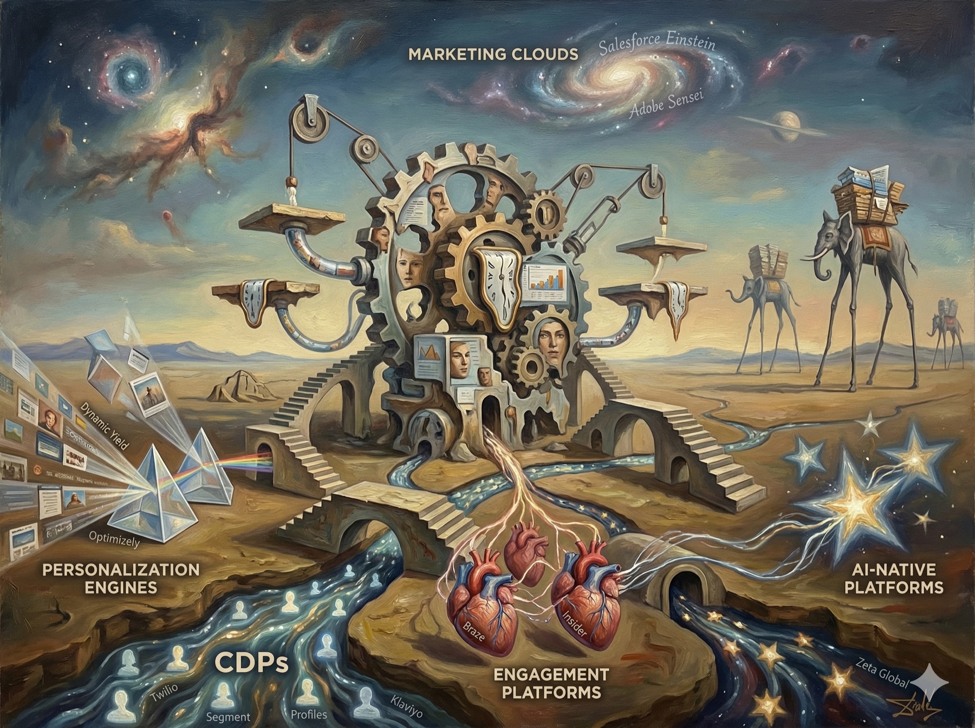 AI personalization technology ecosystem with marketing clouds, CDPs, engagement platforms