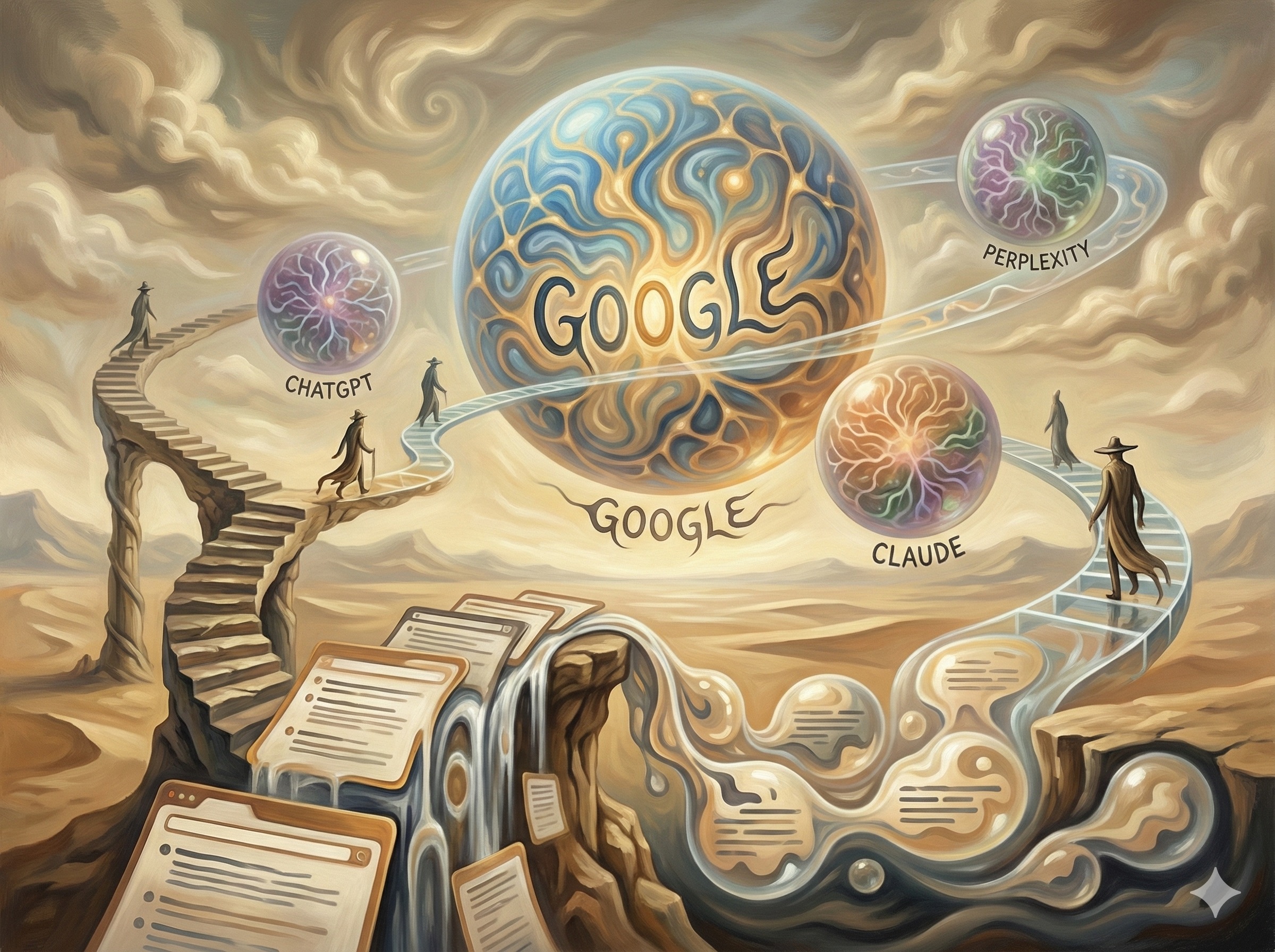 Surrealist visualization of AI search platform ecosystem with floating orbs representing Google, ChatGPT, Perplexity, and Claude