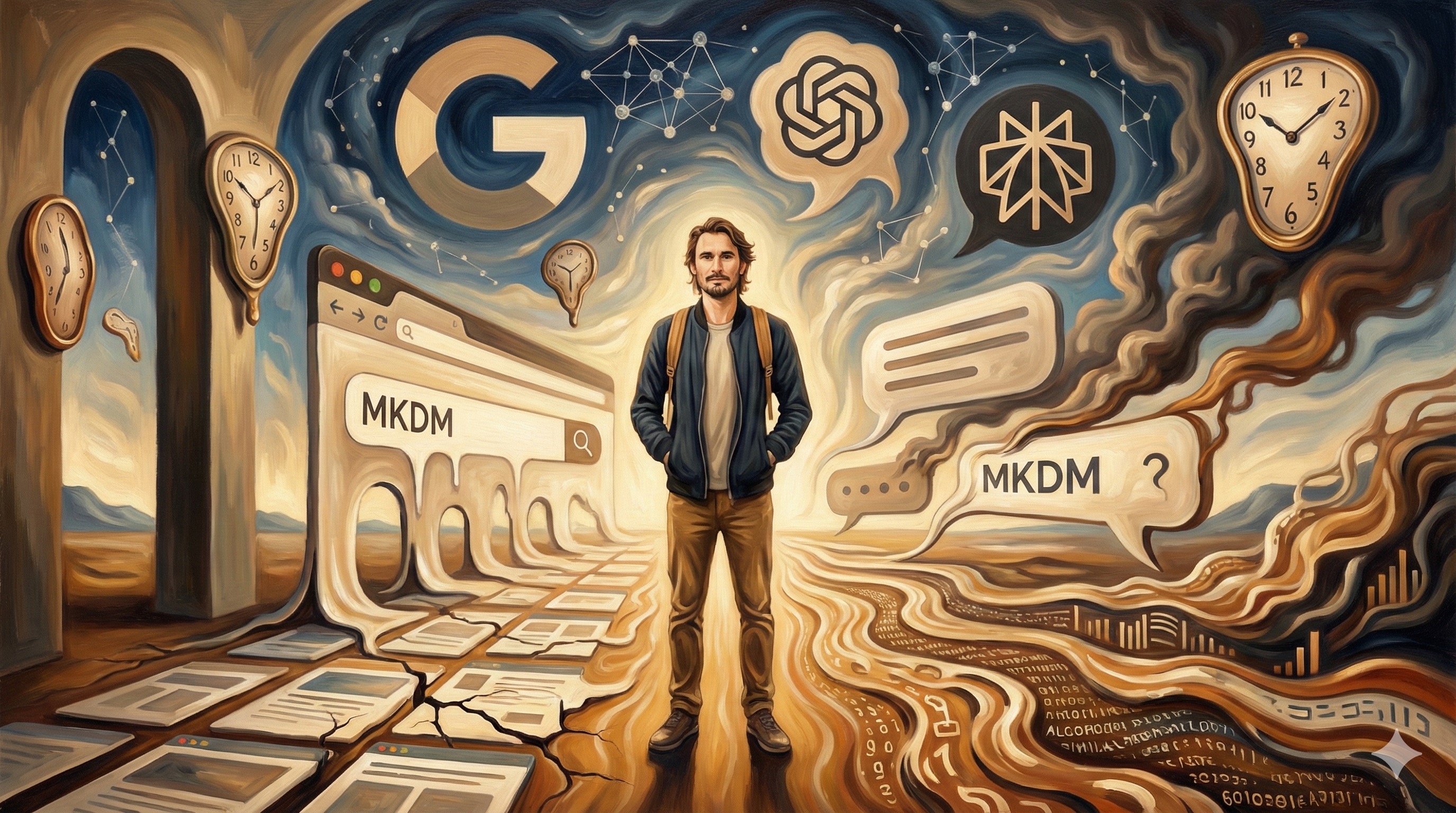 Surrealist artwork depicting Matt Kundo navigating the AI search landscape with flowing data streams and neural network constellations
