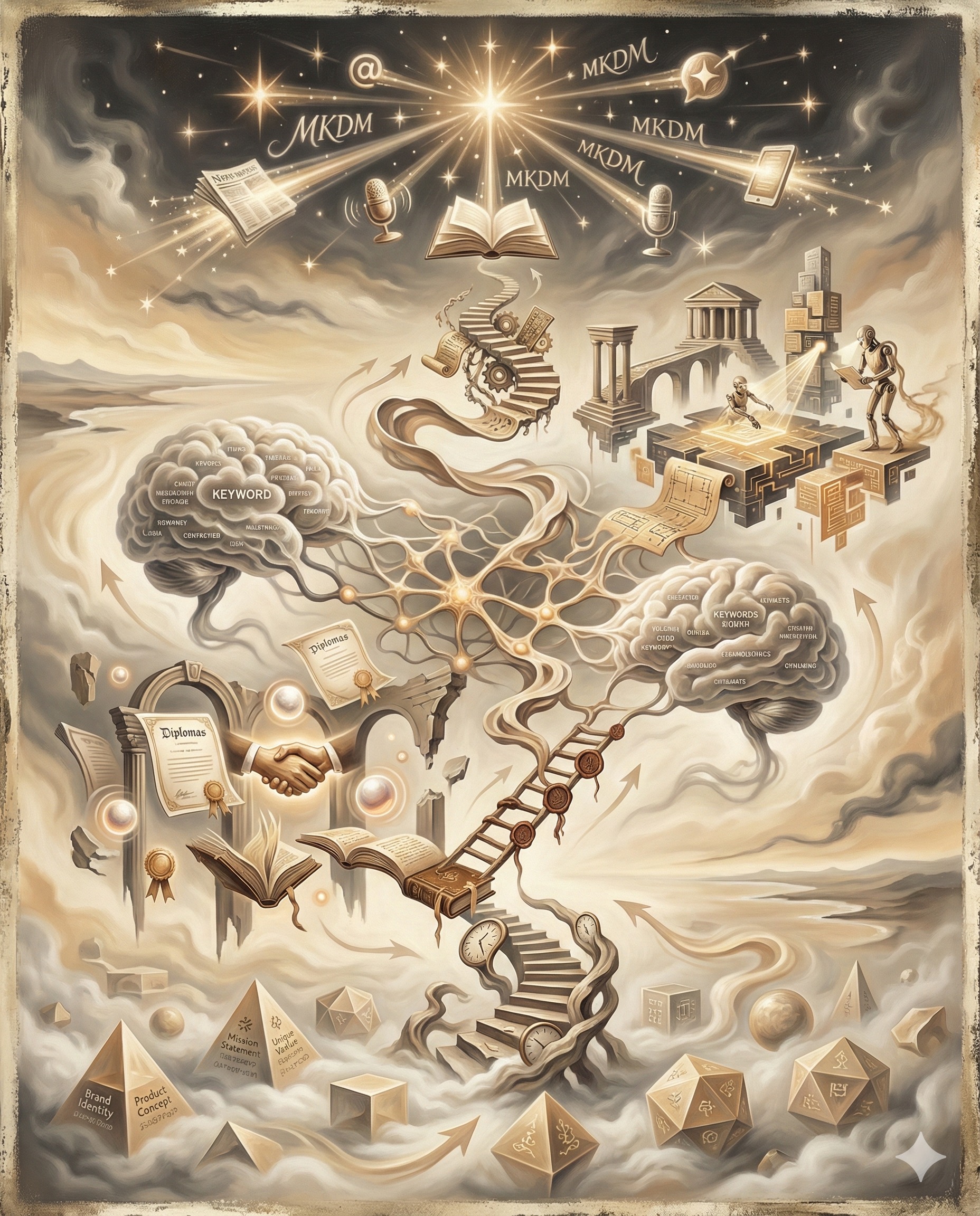 Surrealist infographic of AI Search SEO strategy framework showing five key optimization strategies as dreamlike journey