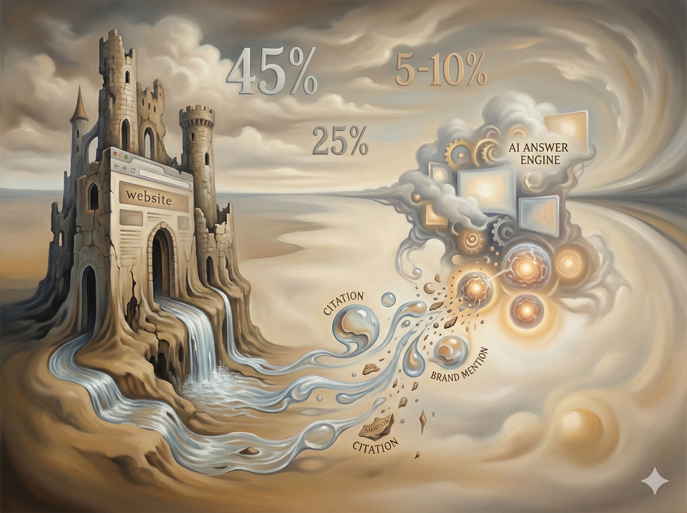 Surrealist scene showing transformation from traditional SEO traffic to AI citations with melting website structures