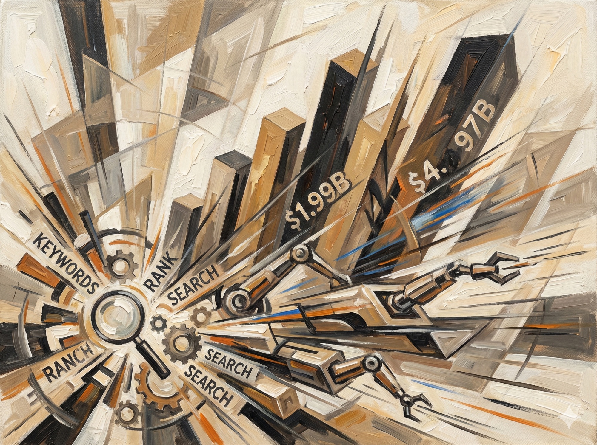 SEO industry transformation through AI technology showing market growth from $1.99B to $4.97B