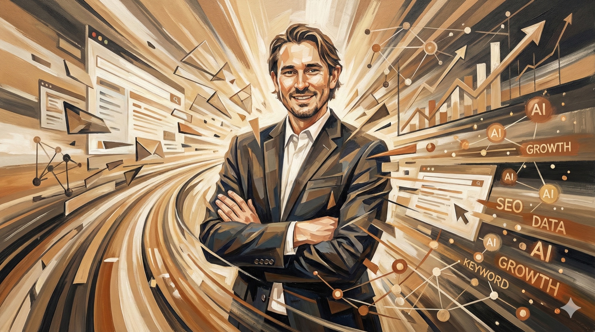 Matt Kundo surrounded by dynamic AI and SEO transformation elements in Futurism oil painting style
