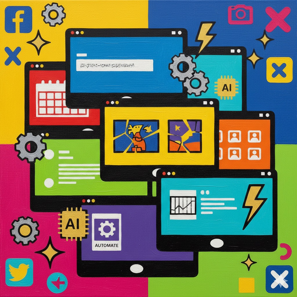 Seven stylized screens representing top AI social media post generator tools in bold colors