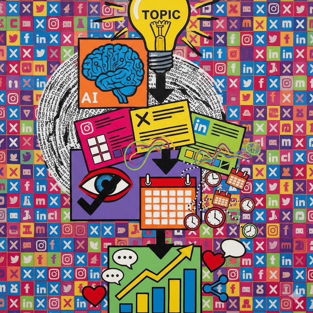 Vertical showing six-step AI social media content workflow from topic input to performance