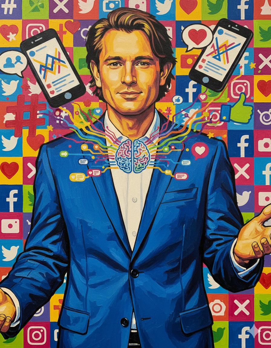 Pop Art oil painting of marketing professional orchestrating AI-powered social media content creation with floating icons and colorful posts