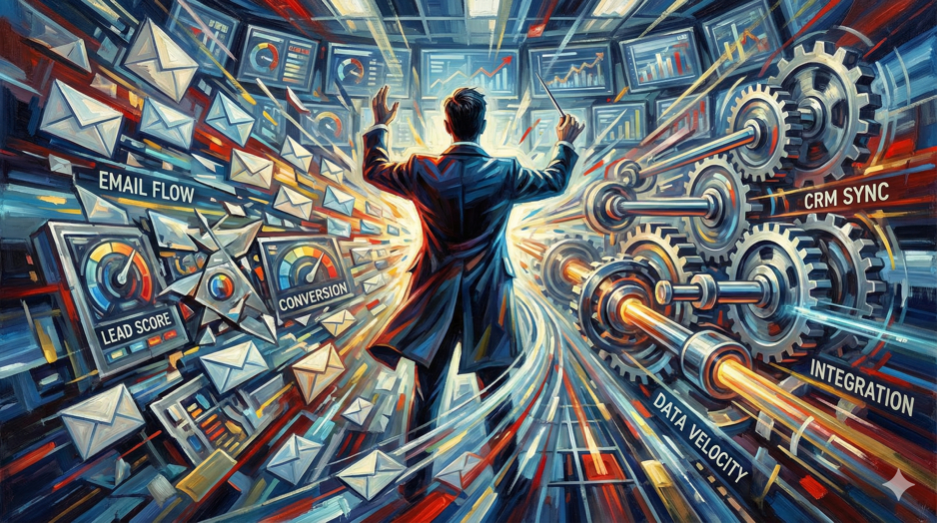 Futurism-style oil painting of a professional orchestrating B2B marketing automation processes in a dynamic control room