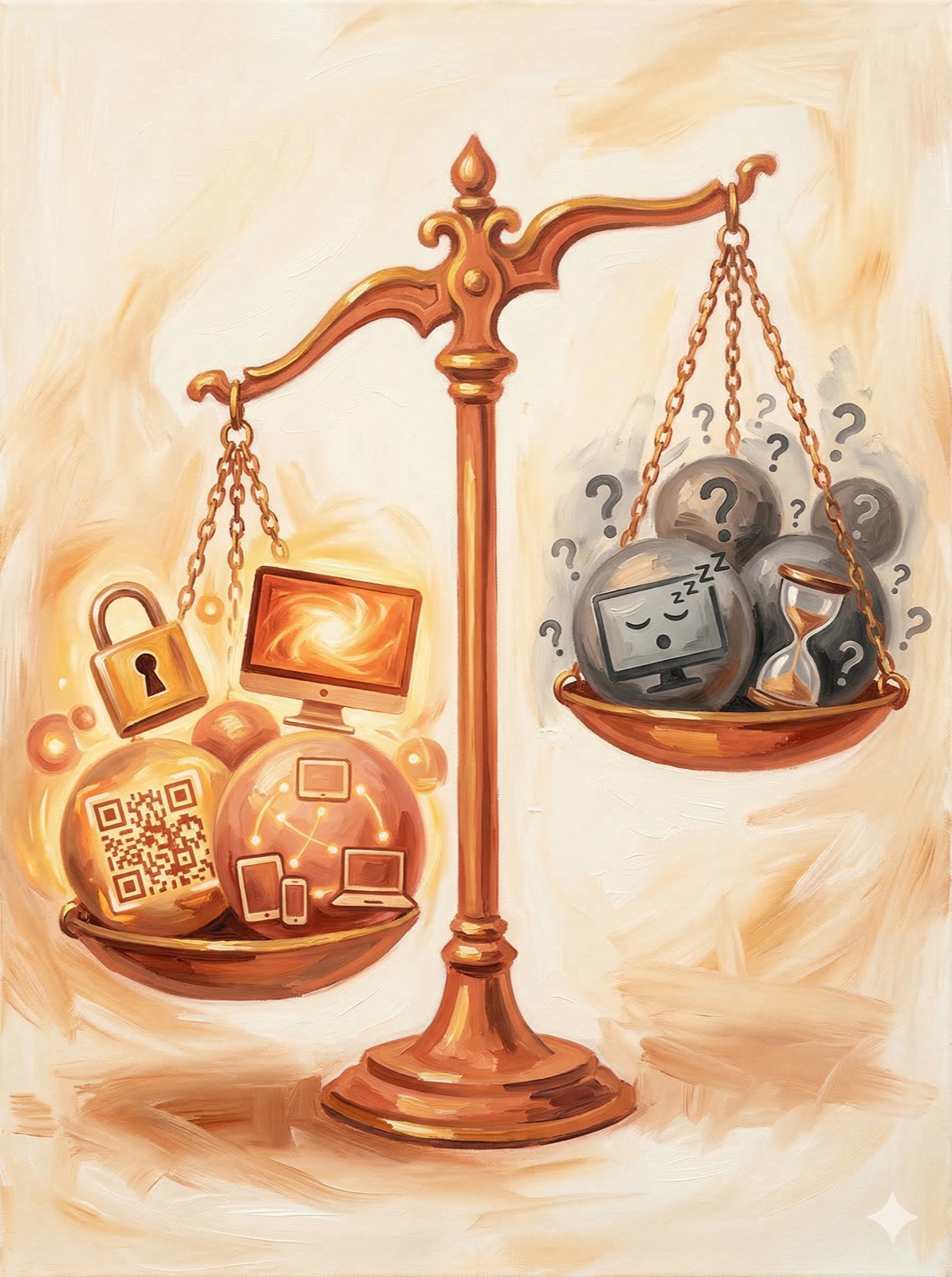 of a terracotta and gold balance scale weighing strengths like security and local execution
