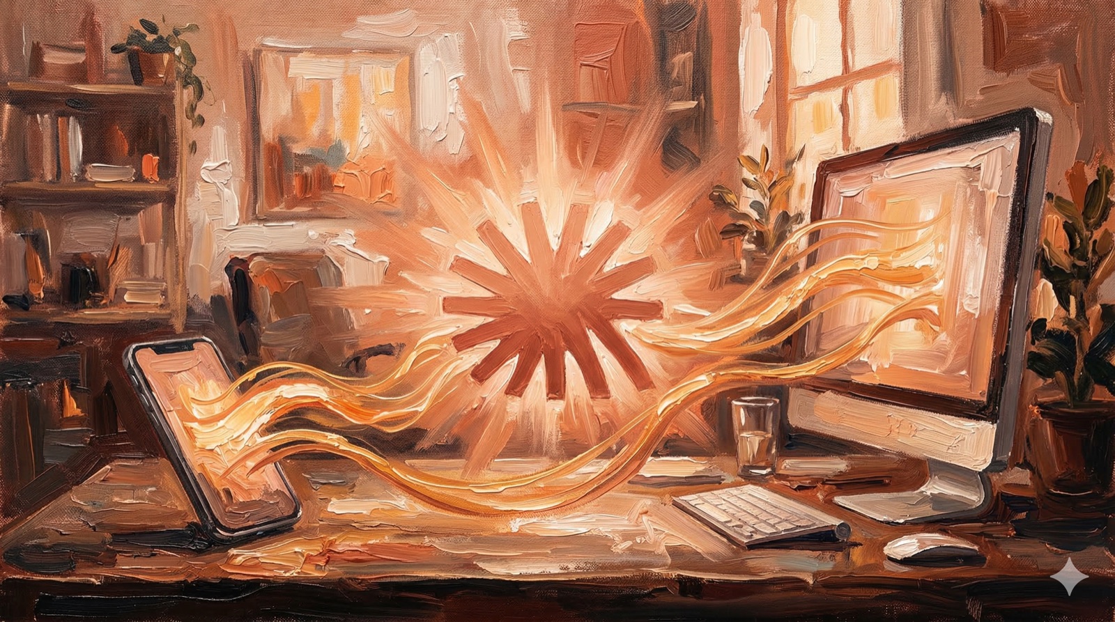 Oil painting of a terracotta-coral sunburst radiating warm light across a dreamlike workspace connecting a smartphone and desktop monitor through golden data streams