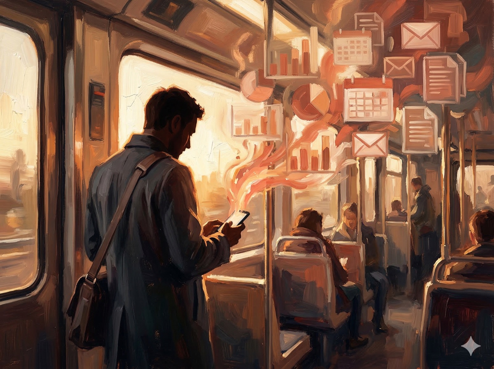 A professional silhouetted while checking their phone as warm terracotta light streams upward