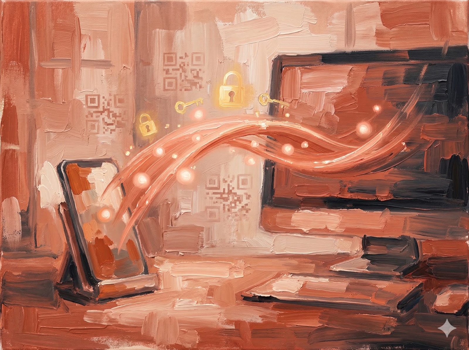 of a phone and desktop computer connected by a flowing bridge of warm terracotta-coral light