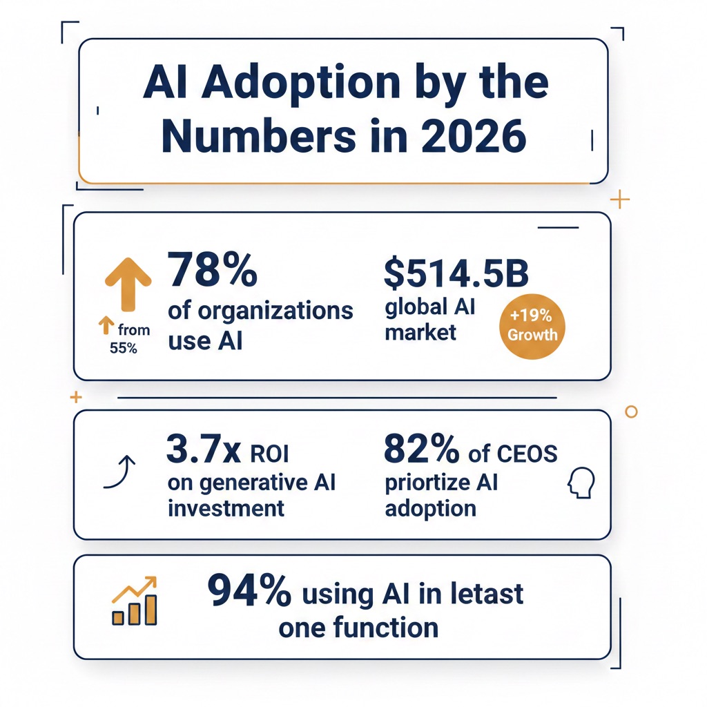 Data visualization infographic showing key AI adoption statistics for 2026 including 78%