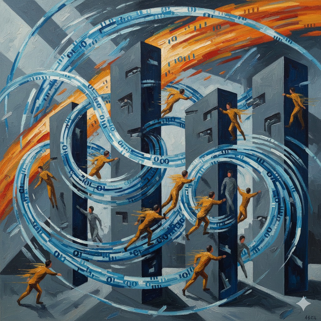 Barriers to AI adoption with abstract obstacles and corporate figures navigating through them