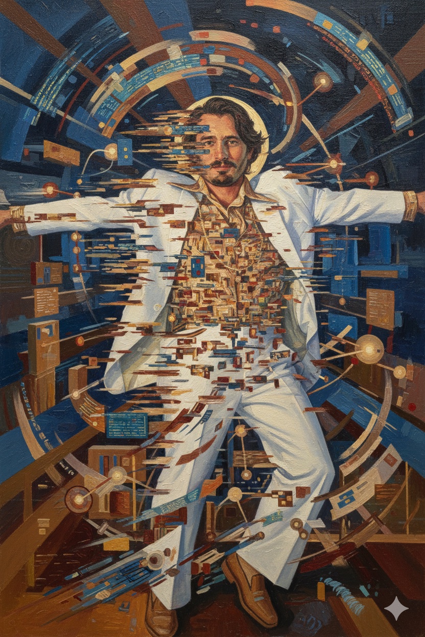 Oil painting of Matt Kundo surrounded by dynamic streams of AI data and enterprise technology symbols in Futurist style