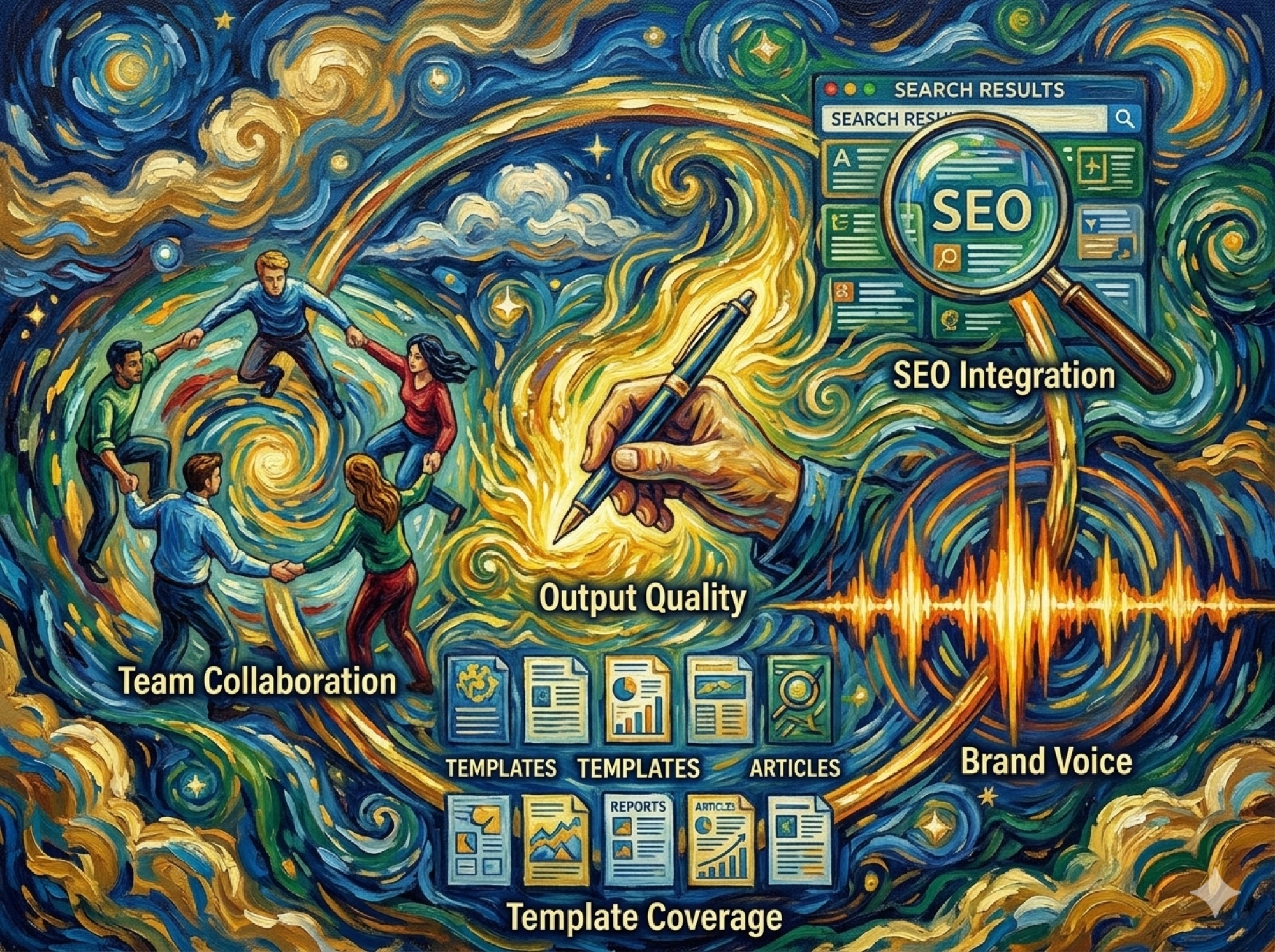 Five key features of content writing software: output quality, SEO integration, brand voice