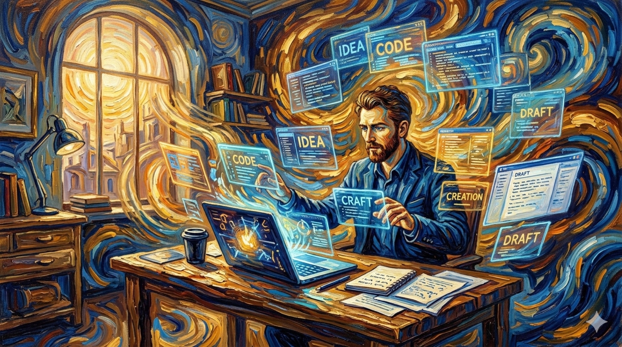 Oil painting of a marketing professional working with AI content writing software at a modern desk, surrounded by holographic writing interfaces in Post-Impressionist style