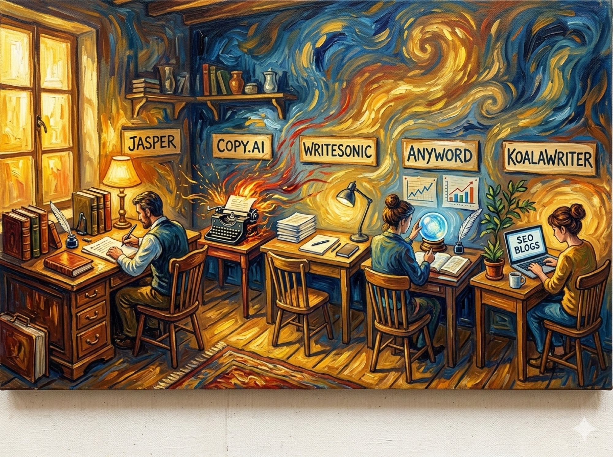 Comparing five content writing software tools represented as distinct creative workstations