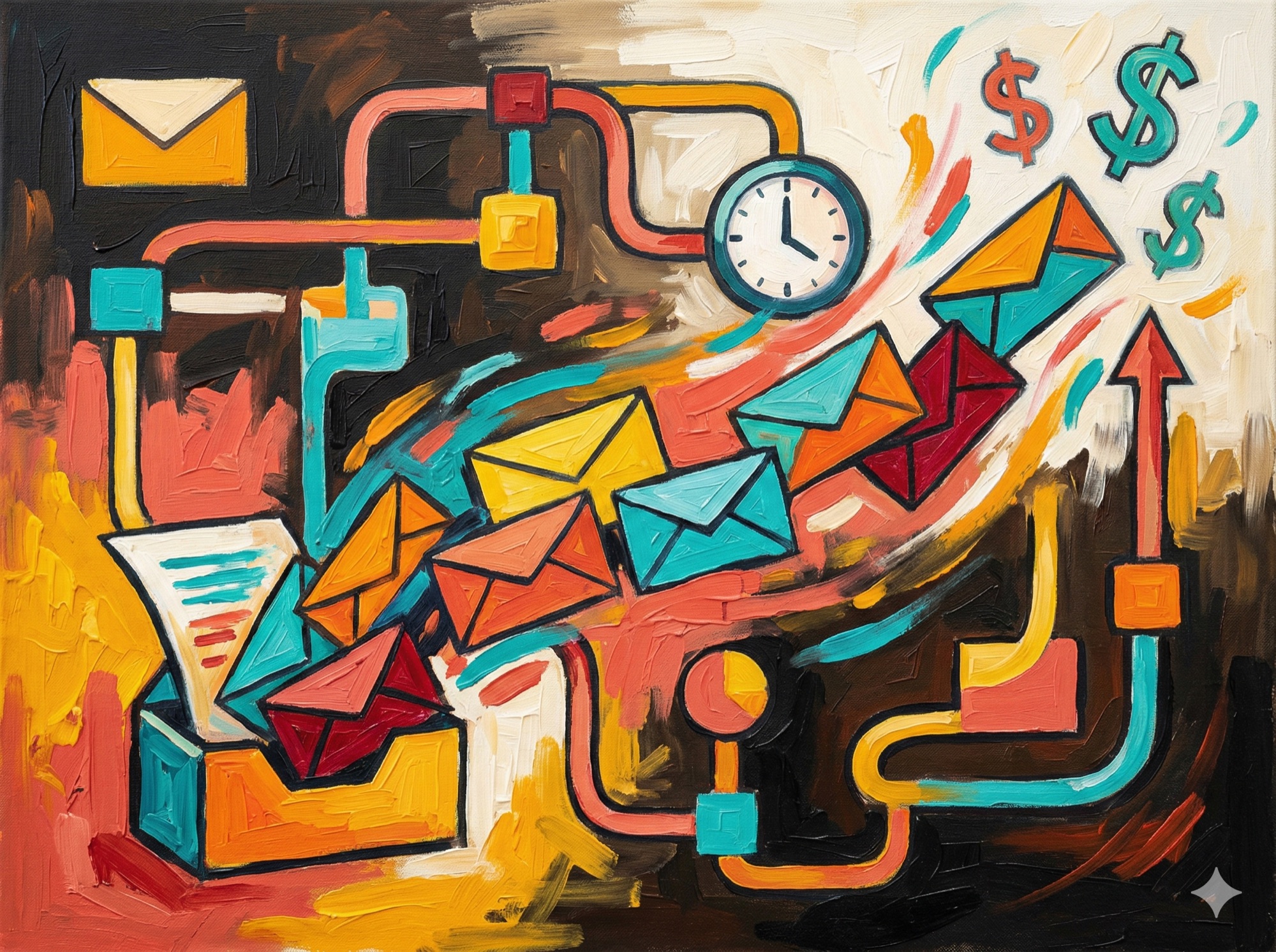 Email marketing and automation tools as flowing colorful envelopes and workflow diagrams