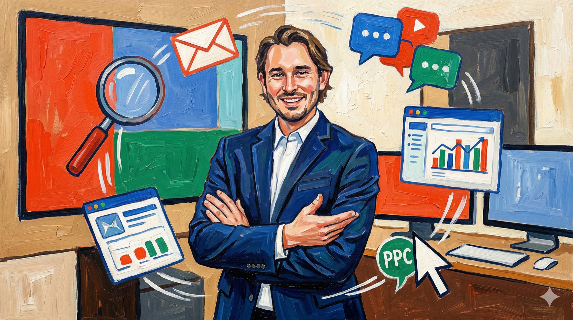 Oil painting in Fauvist style depicting a marketer surrounded by interconnected digital marketing tool dashboards and data visualizations