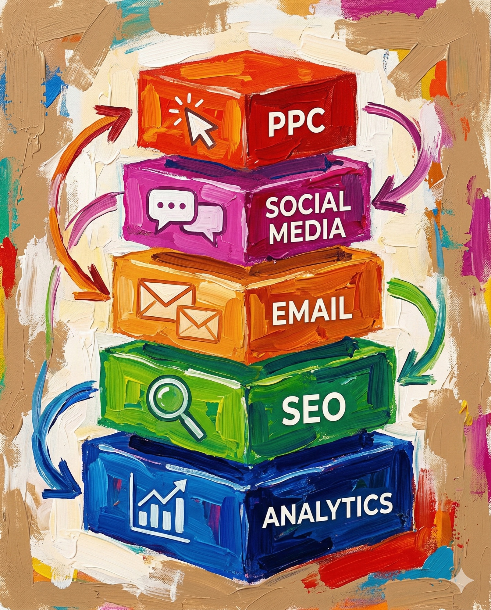 The layered structure of a marketing technology stack from analytics foundation to PPC