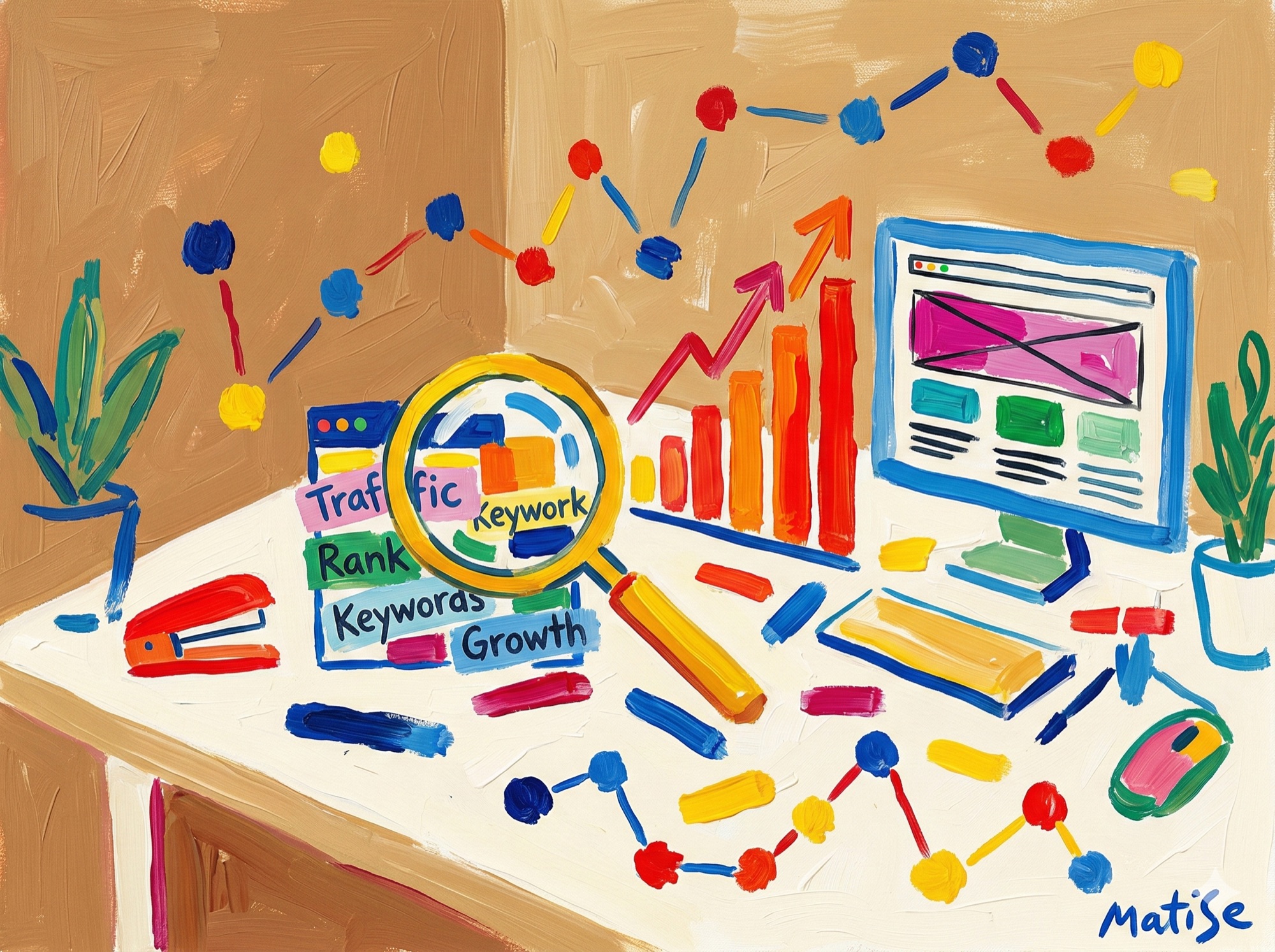 SEO and analytics tools represented as colorful abstract instruments on a desk