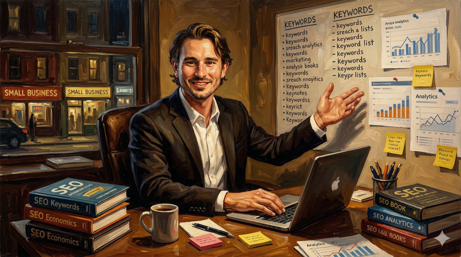 Matt Kundo working at a desk with SEO analytics and keyword research, oil painting in Ashcan School style