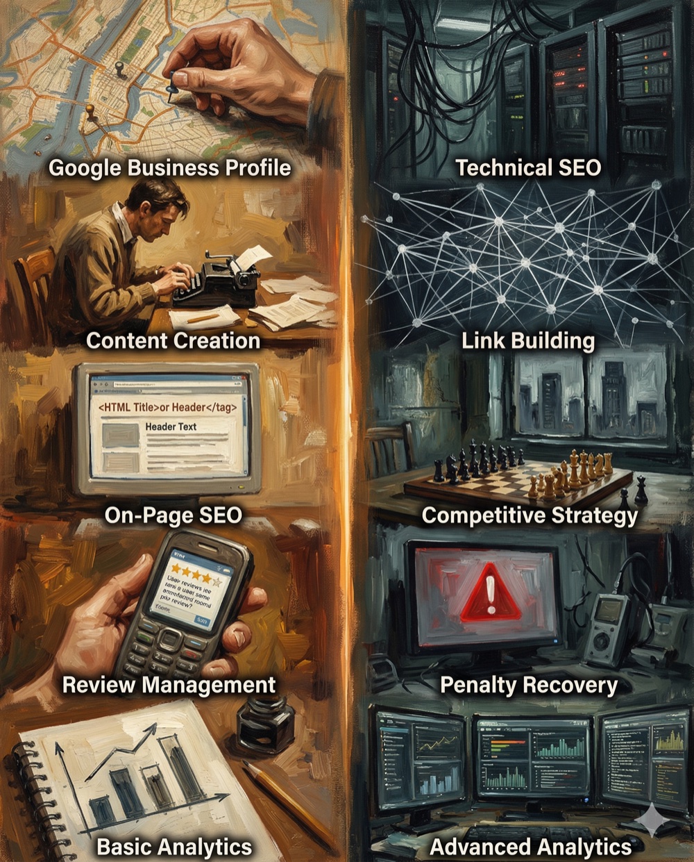 Visual comparison of DIY SEO tasks versus professional SEO tasks for small businesses