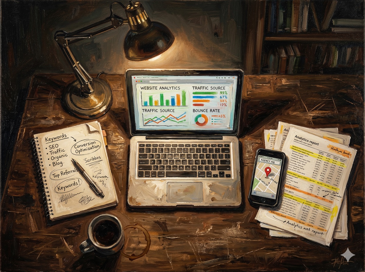 SEO tools and analytics spread across a work desk with laptop, notebook, and phone
