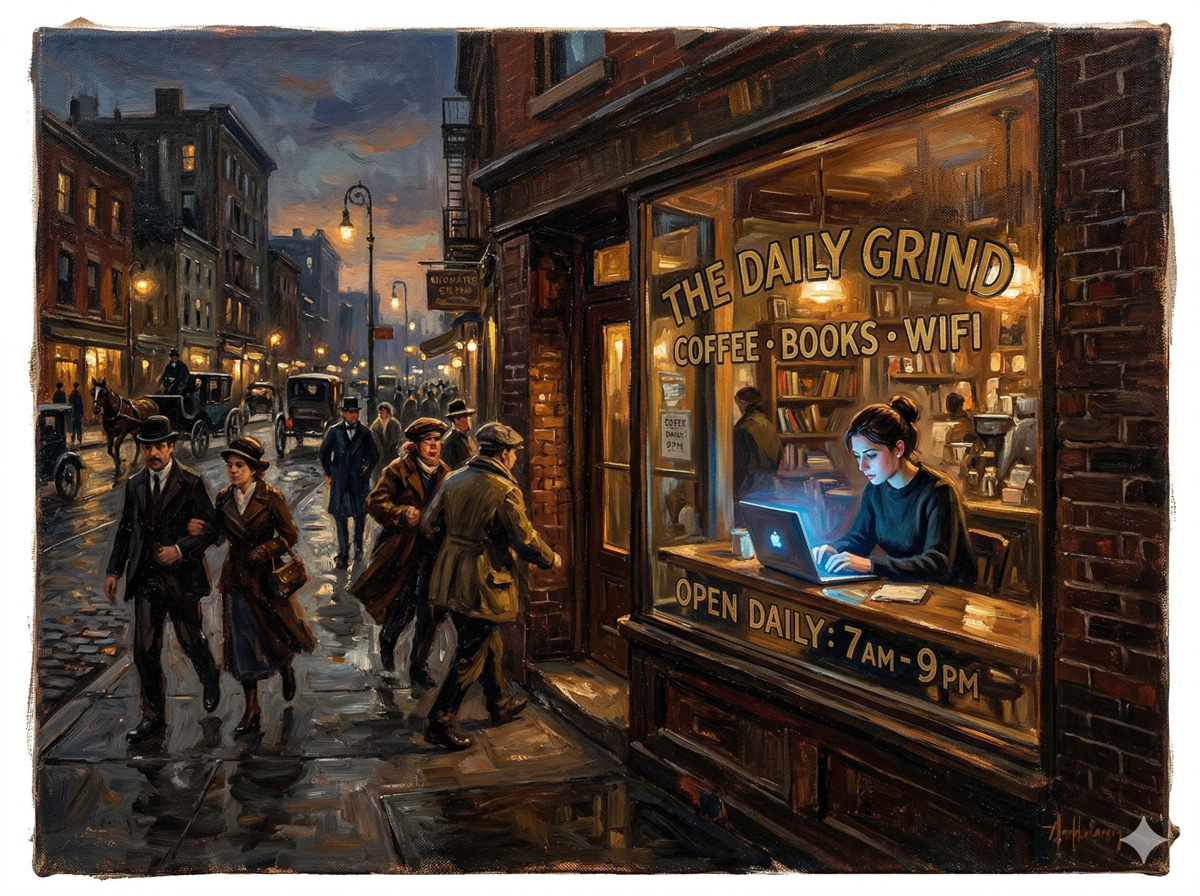 Small business owner working on SEO through storefront window at dusk, oil painting