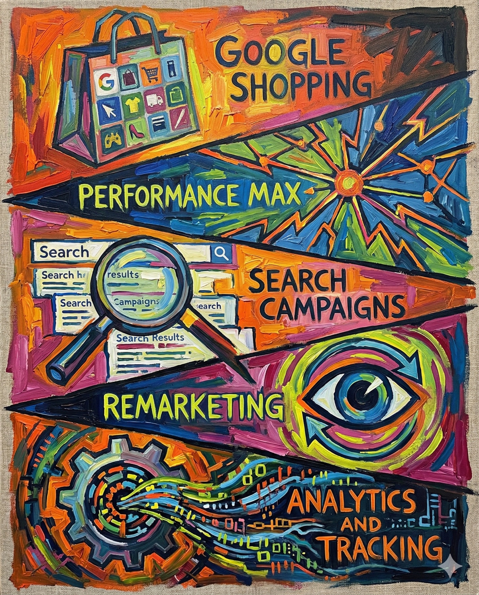 Expressionist infographic showing key ecommerce Google Ads agency services with bold angular
